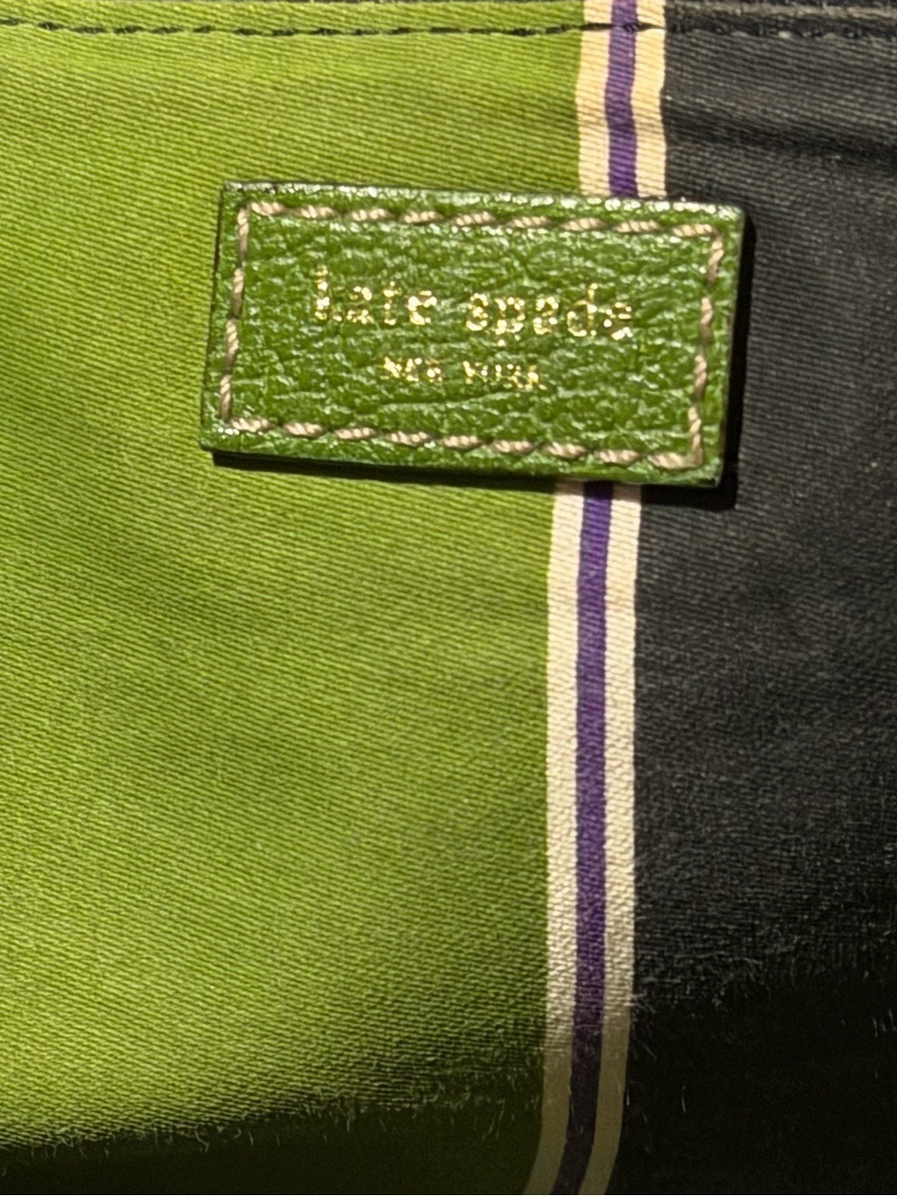 Kate Spade New York Canvas Tote Bag Navy Green Leather Trim - Picture 13 of 15